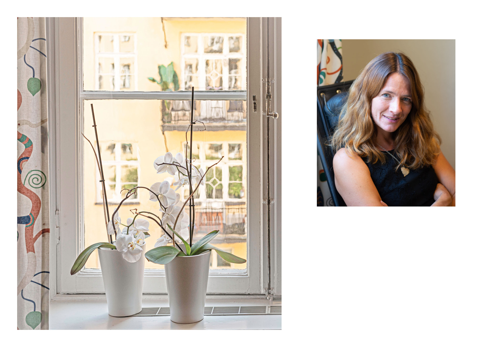 Photography for Clefberg Psykologi: white orchids in a bright window overlooking a courtyard, and a portrait of Lisa Clefberg