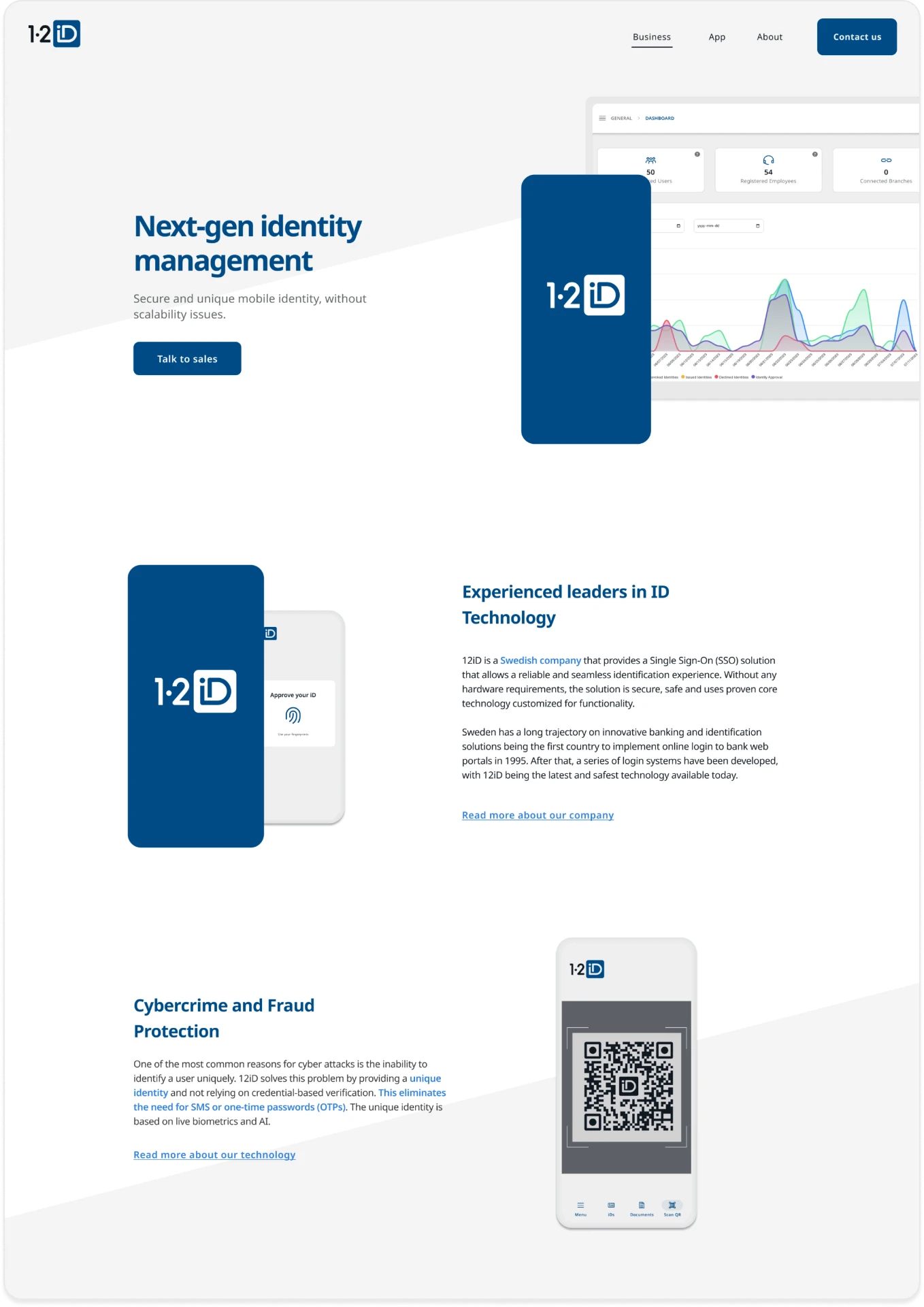12iD website homepage with next-gen identity management hero, company introduction, and fraud protection sections