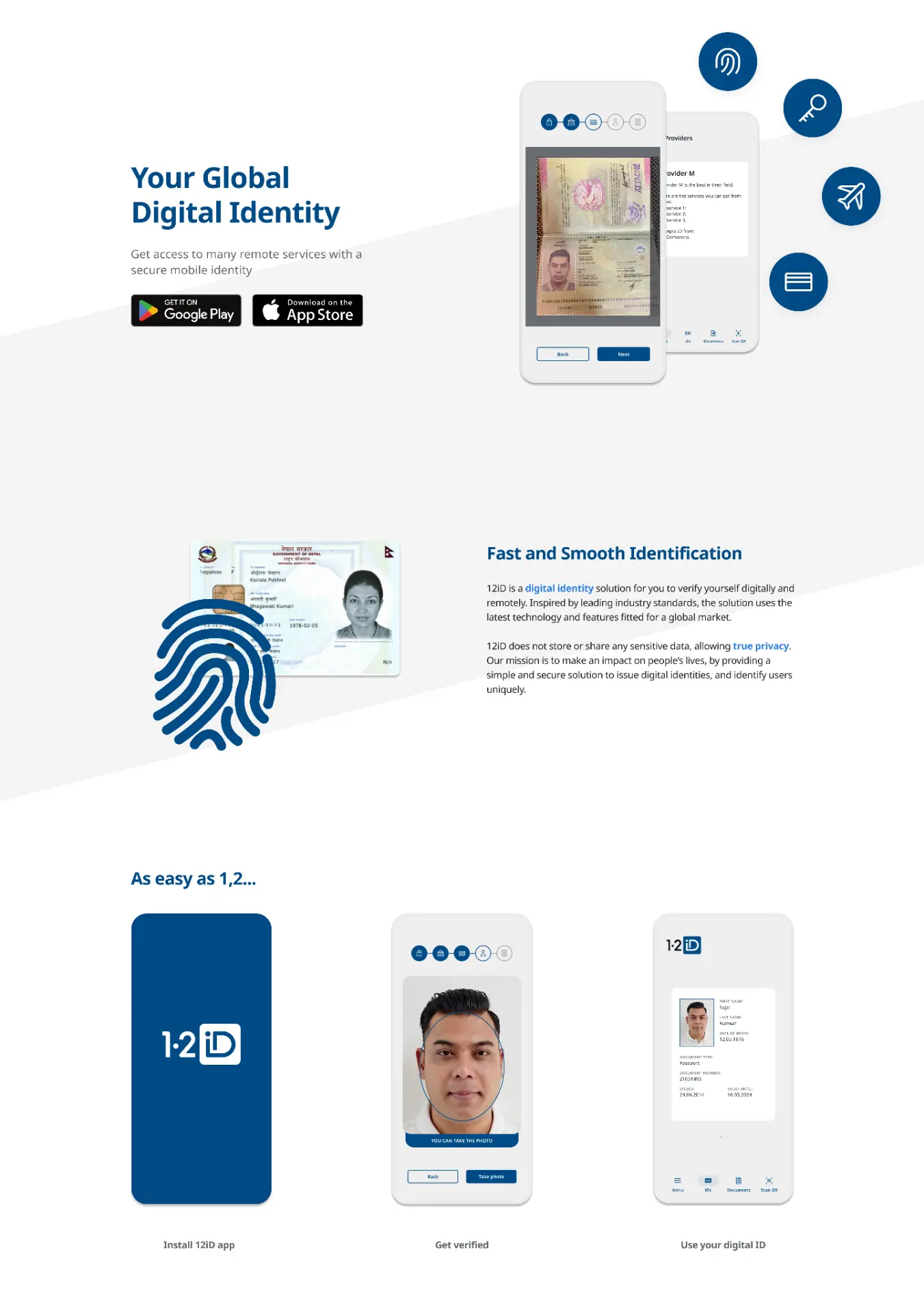 12iD website app page showing global digital identity hero, app store links, and a three-step onboarding explanation