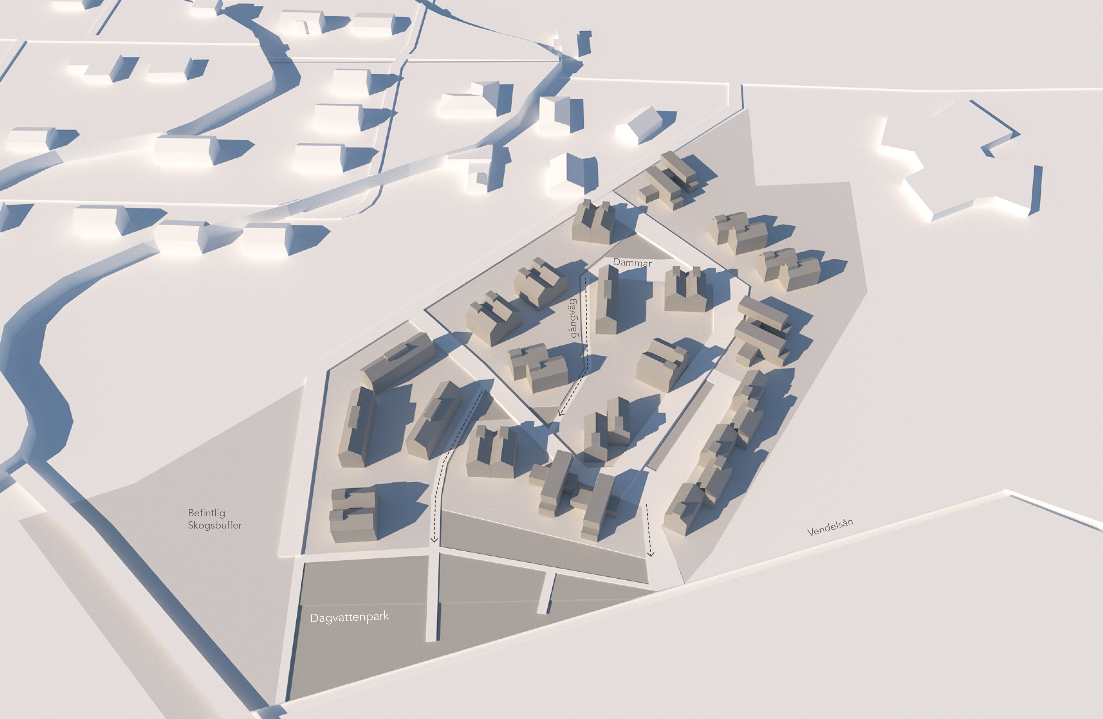 Vendelsö urban planning proposal with new housing blocks and water management strategy