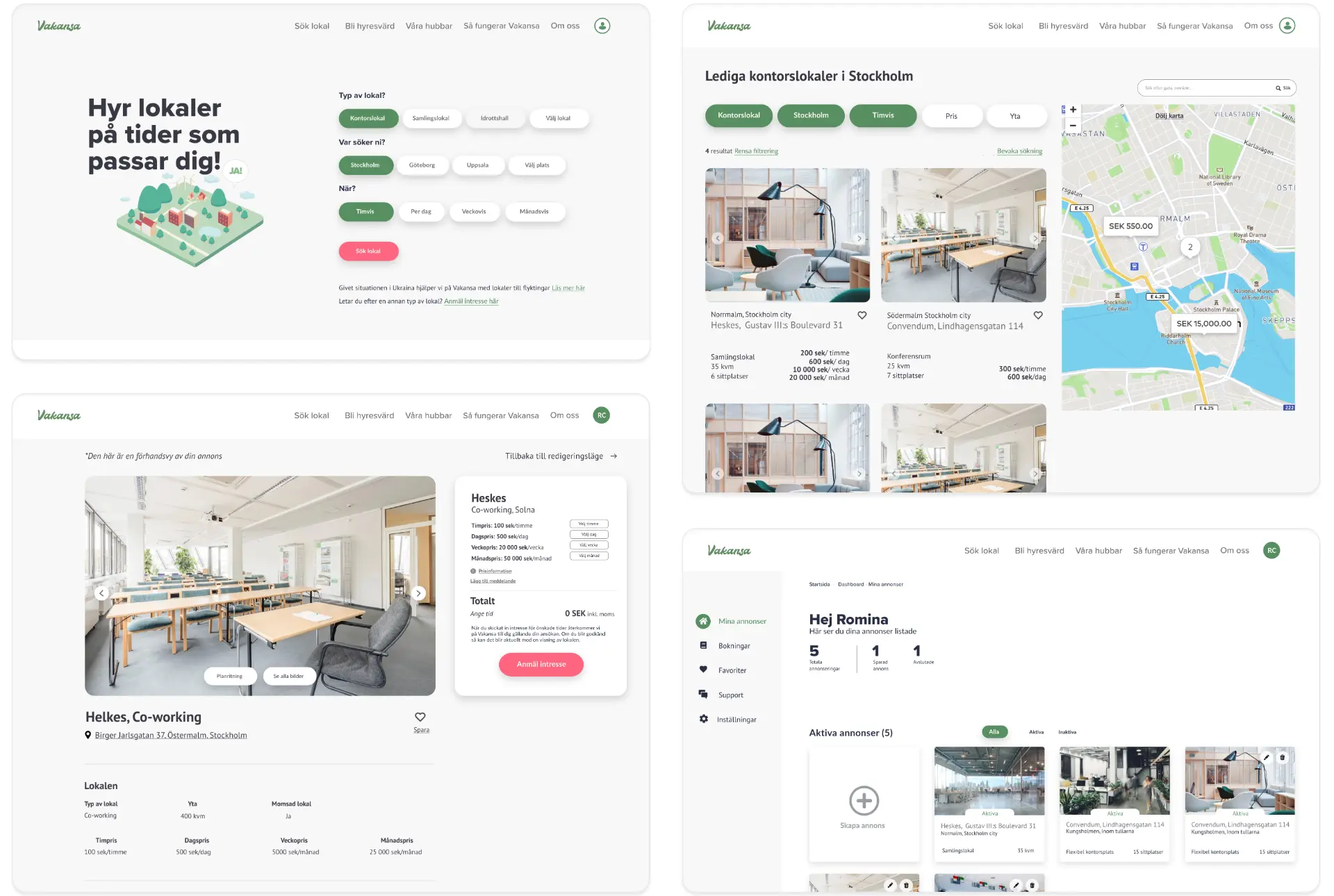 Vakansa redesigned screens: landing page with search filters, venue listings with map, listing preview, and the host dashboard