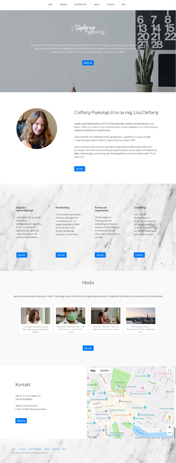 Redesigned Clefberg Psykologi website: hero with logo, presentation of Lisa Clefberg, service cards, media section, and contact with map