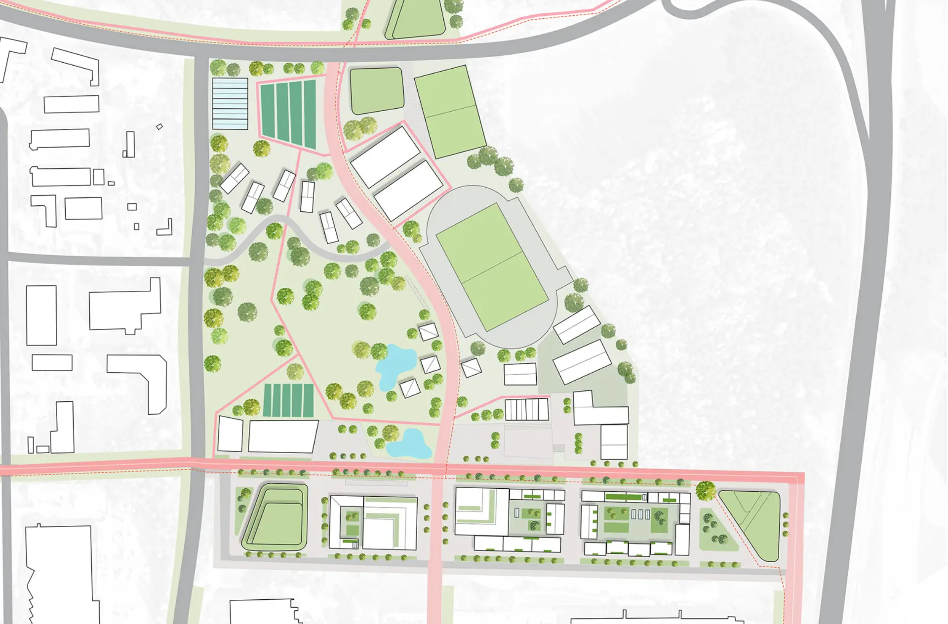 Architectural master plan of an urban park and sports district with a stadium, trails, ponds, and courtyard blocks