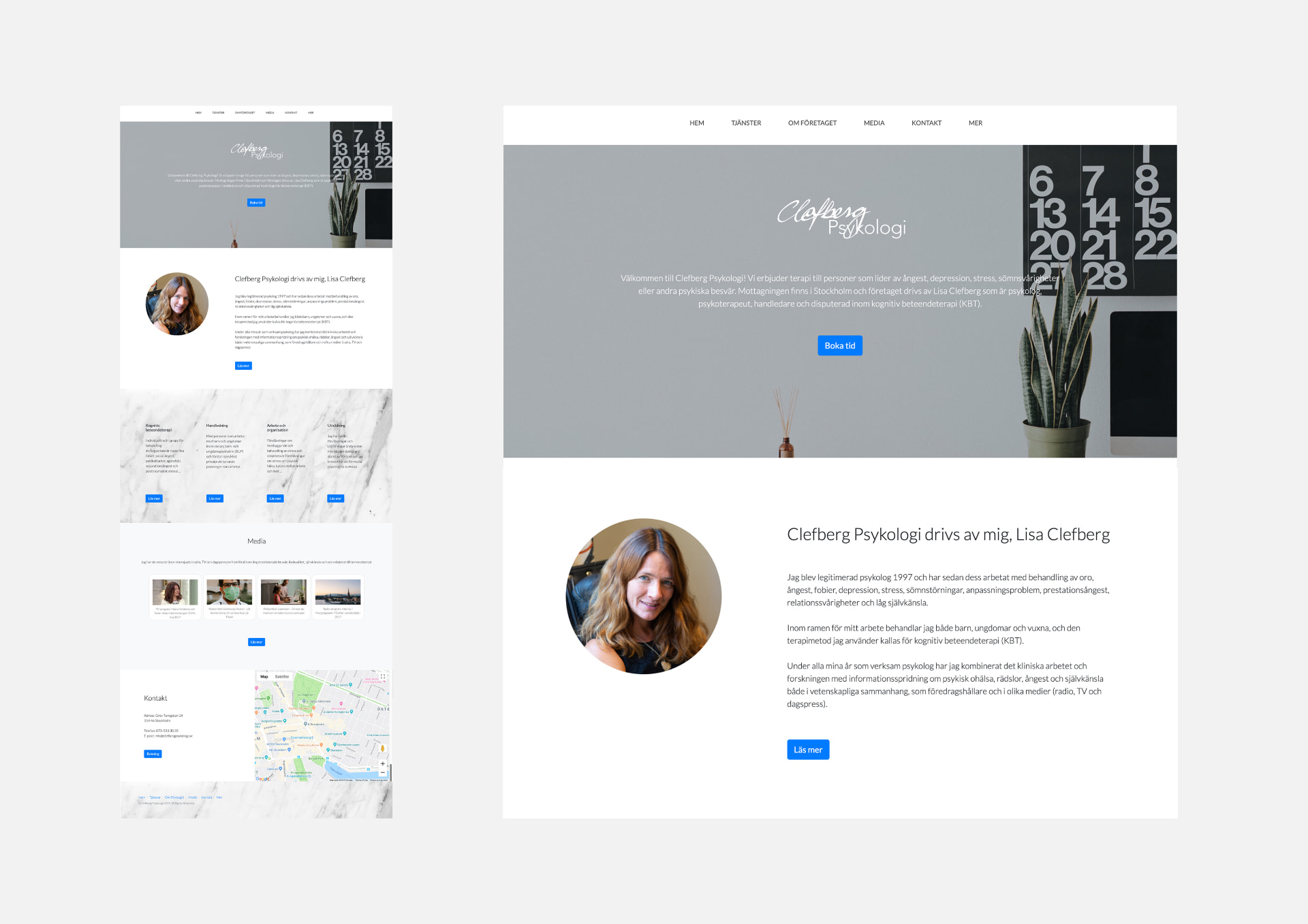 Clefberg Psykologi website redesign, full page and detail views
