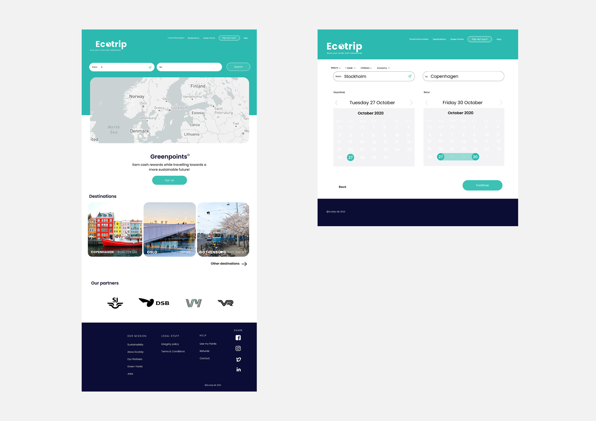 Ecotrip sustainable train travel concept: mobile search and desktop date picker screens