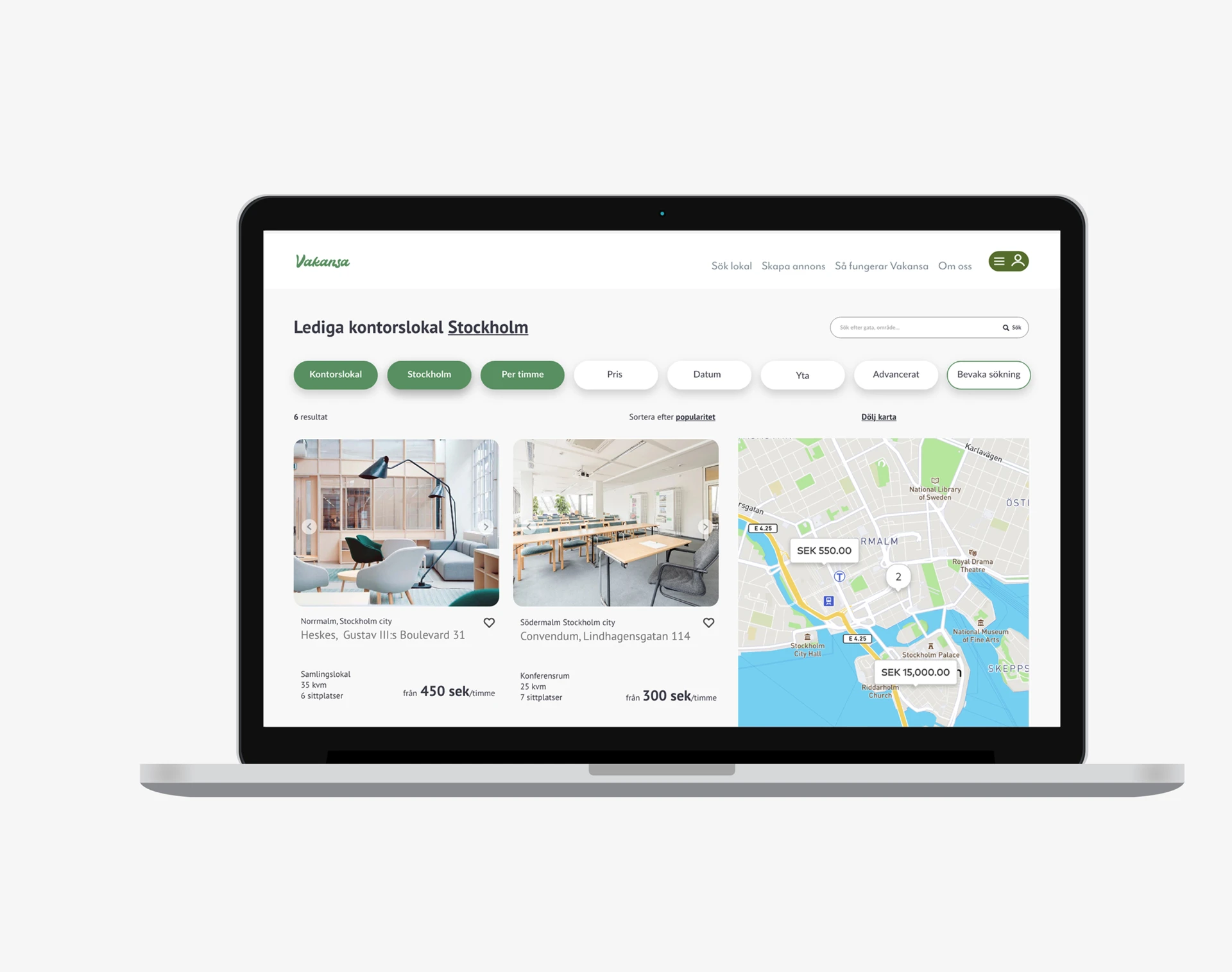 Vakansa venue-sharing platform shown on a laptop, with search filters, venue listings, and a map of Stockholm